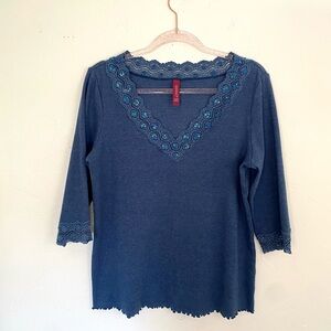 Gitano Navy Blue V-Neck 3/4 Sleeve Top with Crochet Trim Sequin Details